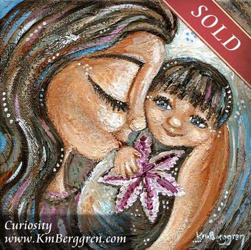 brunette mother and blue eyed brunette child. smiling baby with lily flower. stargazer lily. mother baby artwork by Katie m. Berggren, unique mothers day gifts