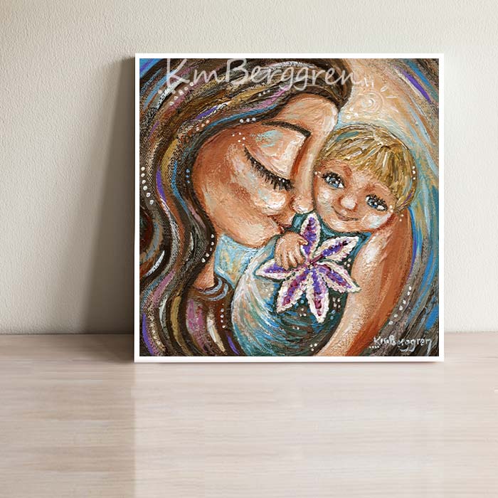brunette mother and blonde baby sleeping with big purple and white stargazer lily flower, blonde son with blue eyes, brown hair mom and blonde son, blue eyed child, napping mother and child, km berggren, kmberggren