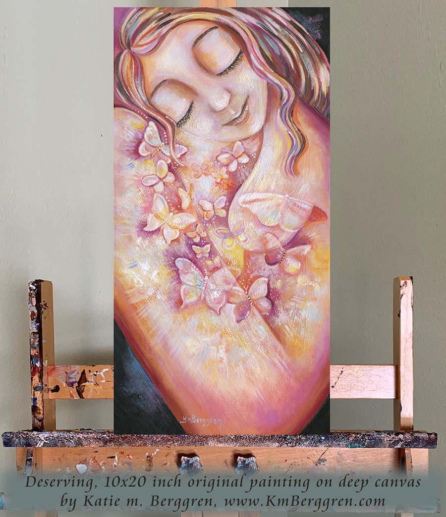 nude woman with butterflies painting, self-love artwork, orange pink white butterflies art, painting of woman alone, serenity artwork, peaceful warm painting,
