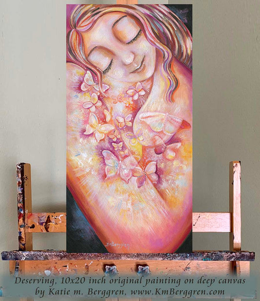 nude woman with butterflies painting, self-love artwork, orange pink white butterflies art, painting of woman alone, serenity artwork, peaceful warm painting,
