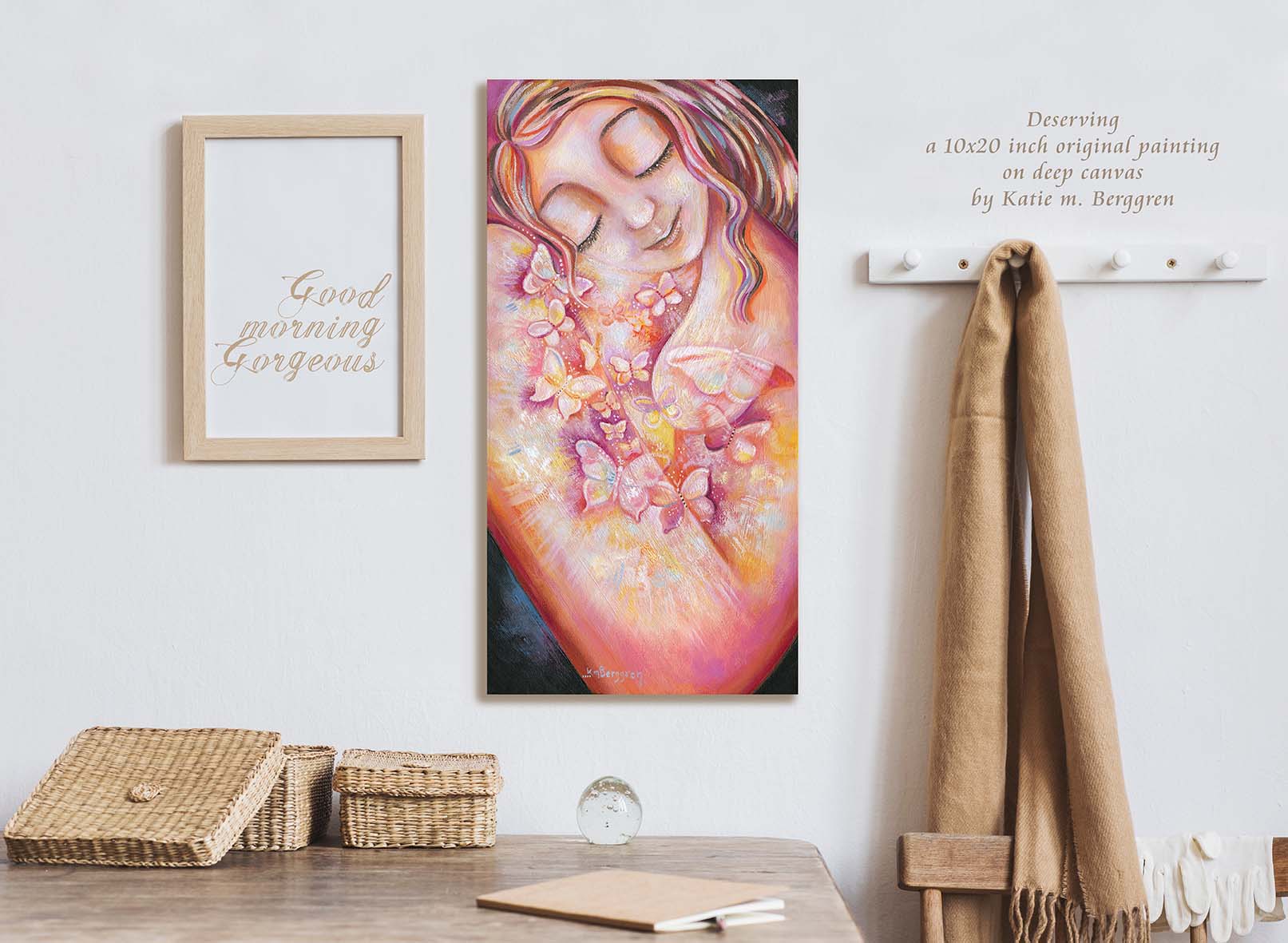 nude woman with butterflies painting, self-love artwork, orange pink white butterflies art, painting of woman alone, serenity artwork, peaceful warm painting,