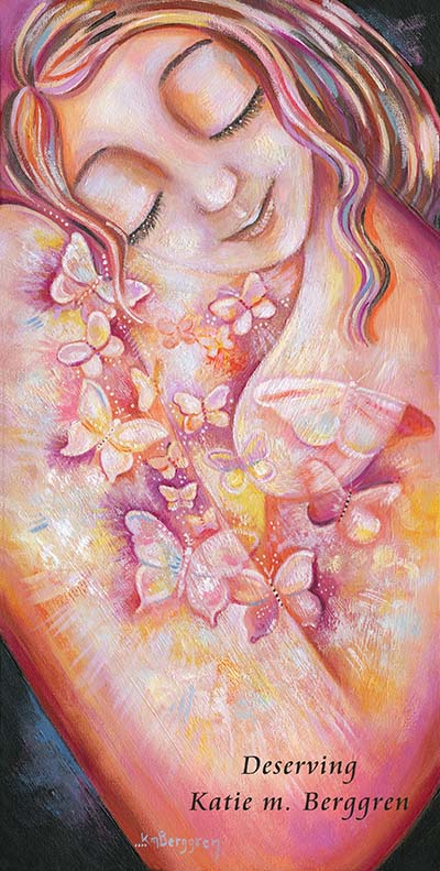 nude woman with butterflies painting, self-love artwork, orange pink white butterflies art, painting of woman alone, serenity artwork, peaceful warm painting,