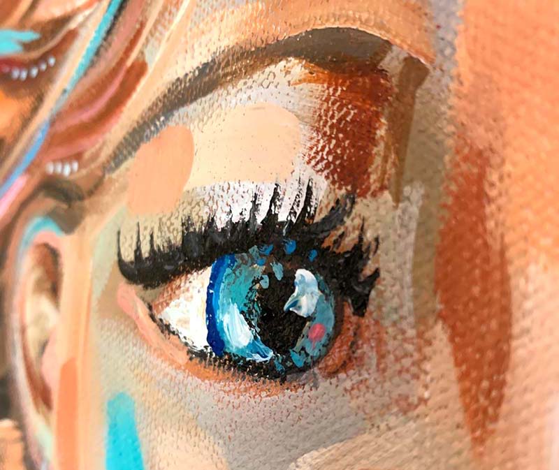 painting of a woman's face with blue eyes and brown and red hair with orange and red and blue and white background, fierce and fiery art by kmberggren