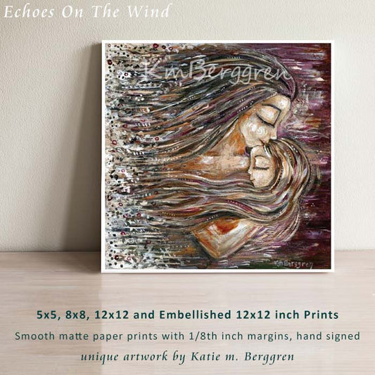 mother and daughter art print, painting of mom and little girl with long hair, artwork of long haired mother and long hair daughter cuddled together by KmBerggren