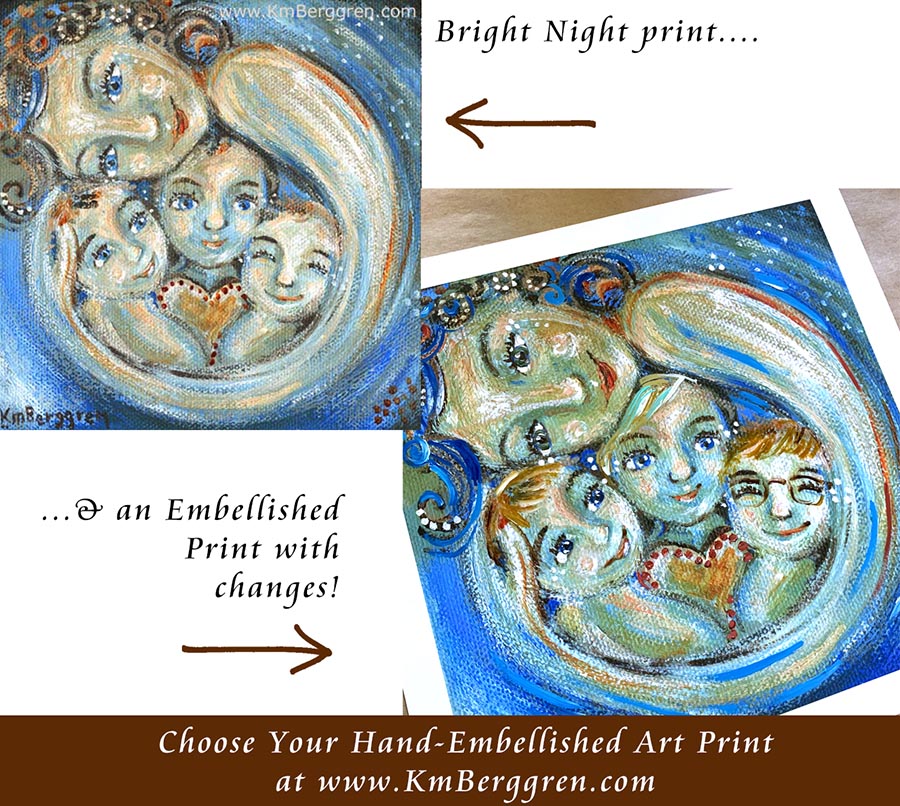 custom art print of mom and three children, change eye and hair colors - personalized art print, customize colors on art print, custom hair and eye colors, mother sleeping with 3 children art print - embellish for hair and eye color changes