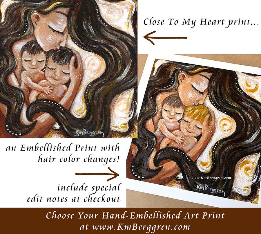 personalized art print, customize colors on art print, custom hair and eye colors, mother sleeping with two children art print - embellish for hair and eye color changes