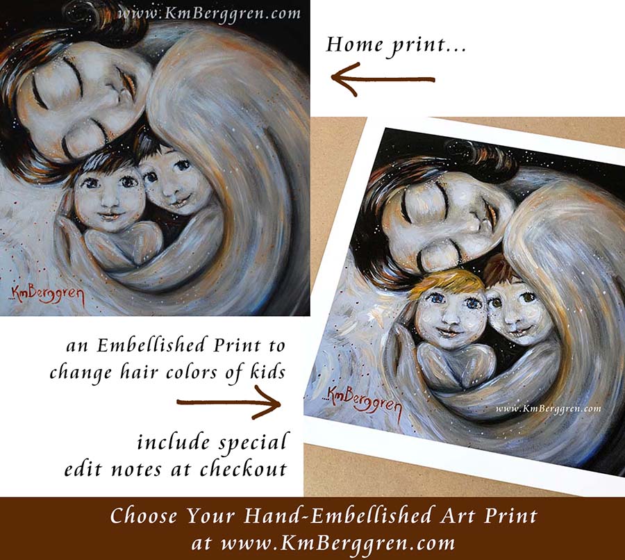 personalized art print, customize colors on art print, custom hair and eye colors, mother sleeping with two children art print - embellish for hair and eye color changes