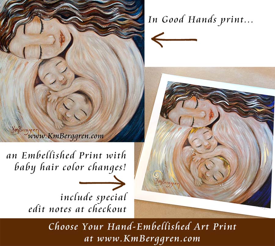 custom art of mom with twin babies, personalized art print, customize colors on art print, custom hair and eye colors, mother sleeping with two children art print - embellish for hair and eye color changes, artwork of mother holding twin babies skin to skin by KmBerggren, gentle soothing gifts for mom, intimate pink art print of mother with twin babies, twin boys with mommy, twin girls with mom, babies in utero painting, babies in womb art, brunette mother holding twins
