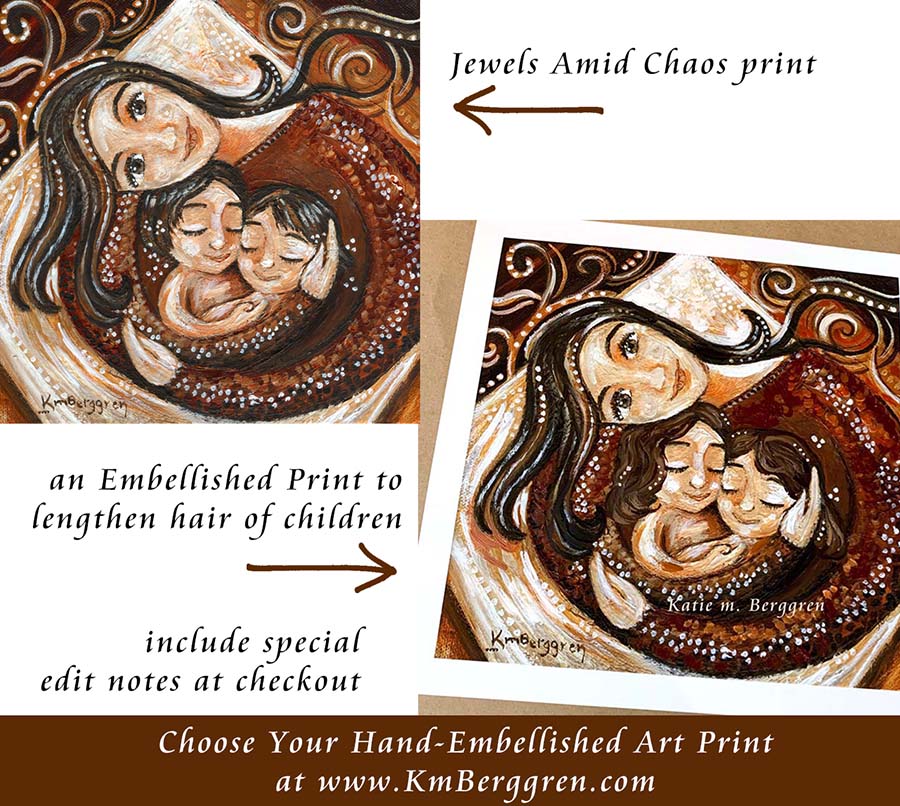 Customized art print of mother with two children, brunette children and mom, brother sister artwork, mom and 2 daughters art print, latina mom art, latinx art print, mother and two kids art print, The safe reliability of mother's arms, a respite amid the craziness of the world