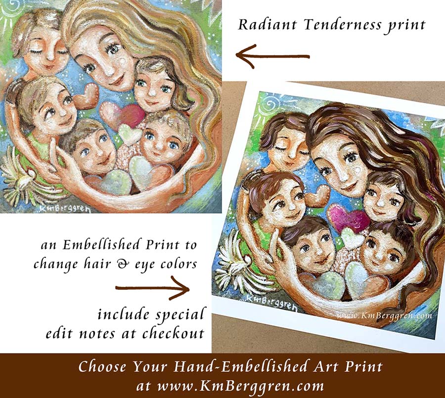 personalized art print of mother with five children, grandma and five grandkids personalized print, customize colors on art print, custom hair and eye colors, mother sleeping with two children art print - embellish for hair and eye color changes