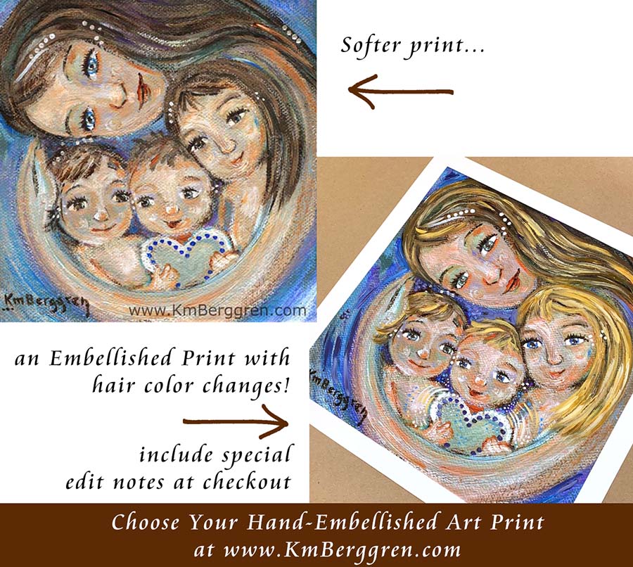 personalized art print, customize colors on art print, custom hair and eye colors, mother cuddling 3 children art print - embellish for hair and eye color changes