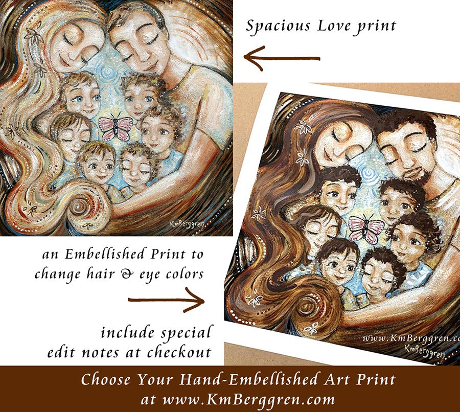custom mother and father art print with six children - choose the embellished option for hair and eye color changes, personalized family art