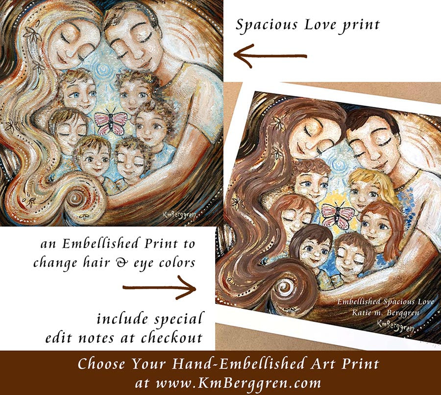 custom mother and father art print with six children - choose the embellished option for hair and eye color changes, personalized family art