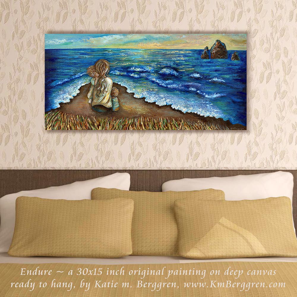 original art of mother and 2 children sittin on beach, painting of mom hugging children by the seashore, cool calm artwork, contentment art, relaxing peaceful painting shown on bedroom wall