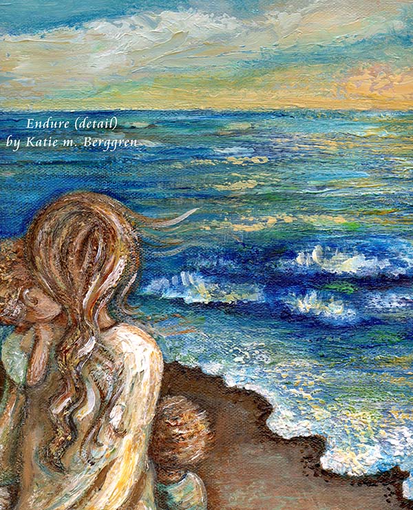 Original one-of-a-kind Painting on 30x15 inch deep canvas, of mom and two children looking out to sea