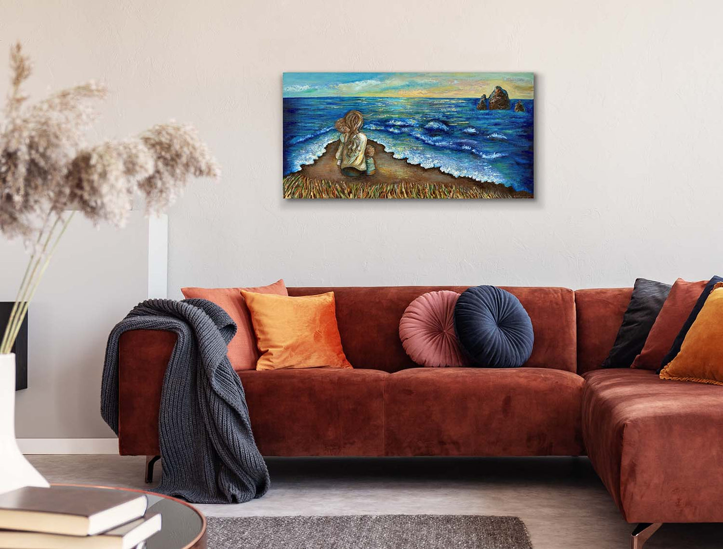 original art of mother and 2 children sittin on beach, painting of mom hugging children by the seashore, cool calm artwork, contentment art, relaxing peaceful painting shown on bedroom wall