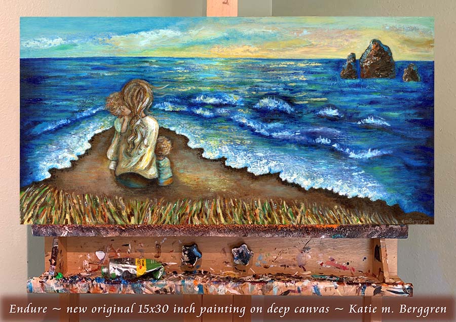 Original one-of-a-kind Painting on 30x15 inch deep canvas, of mom and two children looking out to sea