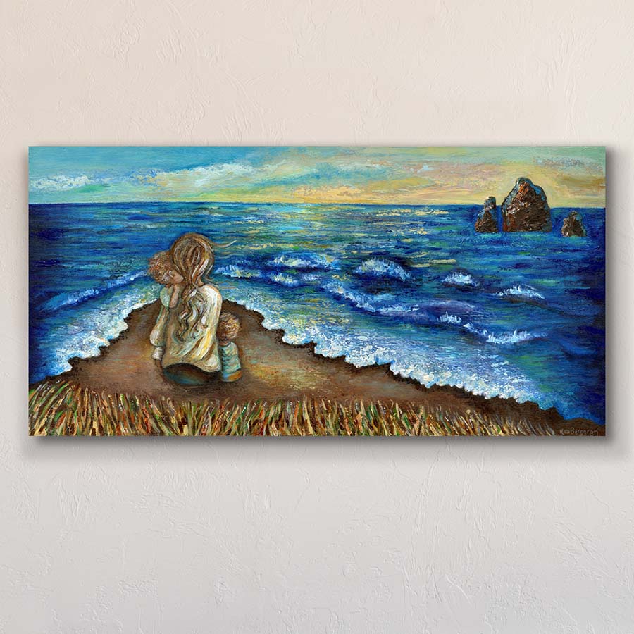 original art of mother and 2 children sittin on beach, painting of mom hugging children by the seashore, cool calm artwork, contentment art, relaxing peaceful painting shown on bedroom wall
