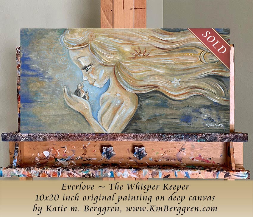 Painting of a woman with long hair and a small figure, displayed on a wooden easel. Painting by Katie m. Berggren, kmberggren art