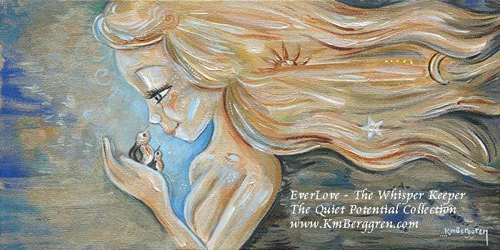 Artistic depiction of a woman holding 2 birds, with celestial elements, The Whisper Keeper' by KmBerggren, katie m berggren painting of women, art gifts for moms, blonde woman painting blue eyes