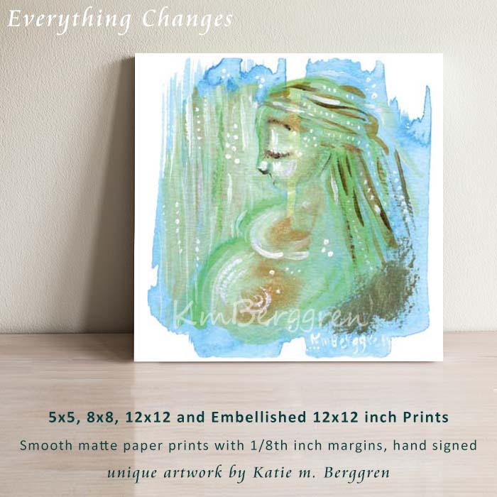 Pregnant mother with a dreamy green background. Inspiring and comforting art prints for mom pregnant with her first baby. Baby Shower Gift for young mom. Limited edition green and blue painting.