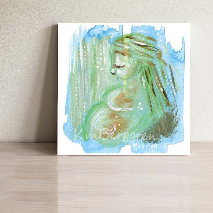 Pregnant mother with a dreamy green background. Inspiring and comforting art prints for mom pregnant with her first baby. Baby Shower Gift for young mom. Limited edition green and blue painting.