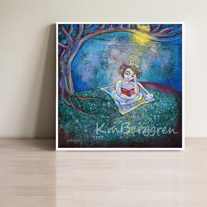 print of a woman reading under a tree and sunshine with a book, blanket and cup of tea, intimate positive artwork by kmberggren, kimberggren, katie berggren, purple and blue tree painting, thoughtful art painting, artwork for women, gifts for mom