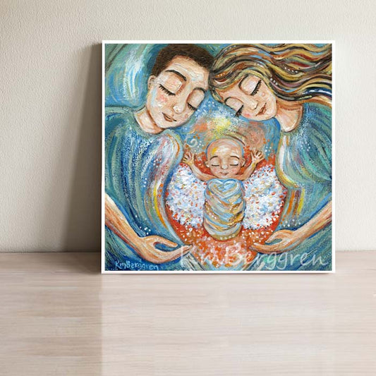 mother and father after baby loss, gift for mom and dad after miscarriage or stillbirth, angel baby art, man and woman with winged baby condolence gift for loss mom