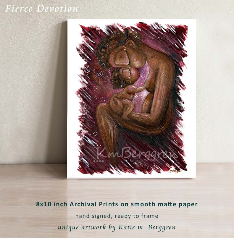 pink mother and baby artwork by kmberggren, mother cuddling a naked baby , whimsical and expressive artwork by KmBerggren