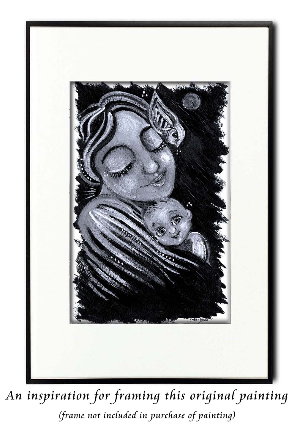 An 8x12 inch ORIGINAL black and white mother and baby painting on heavy 185 lb paper stock, mother and child black and white artwork, black and white painting of mom and baby, black and white paintings of women, bird and baby artwork, new baby gift, new baby artwork in black and white