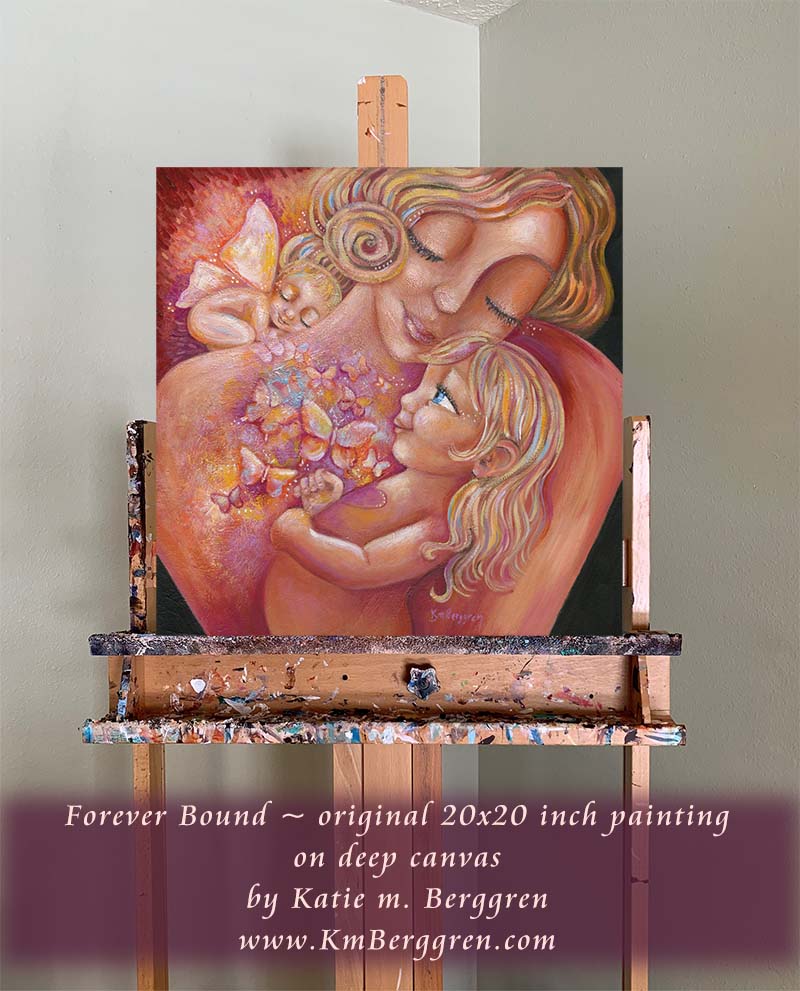 Blonde mother painting, winged baby art, big sister angel baby art, blonde mother and daughter, blue eyed mom and daughter, big sister to an angel artwork, big sister to angel gift, baby angel gift, blonde baby with pink wings, motherhood artwork, mother of an angel painting,