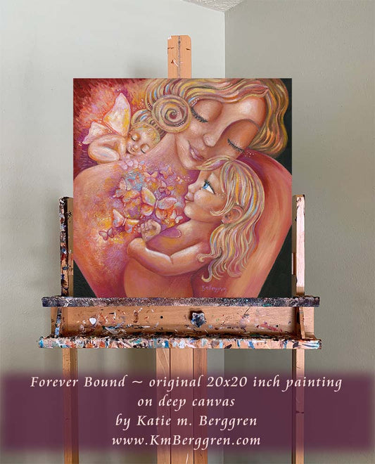 Blonde mother painting, winged baby art, big sister angel baby art, blonde mother and daughter, blue eyed mom and daughter, big sister to an angel artwork, big sister to angel gift, baby angel gift, blonde baby with pink wings, motherhood artwork, mother of an angel painting,