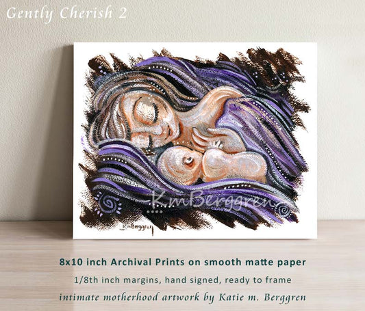 purple and pink breastfeeding artwork by kmberggren, mother nursing bald naked infant, whimsical and expressive artwork by KmBerggren