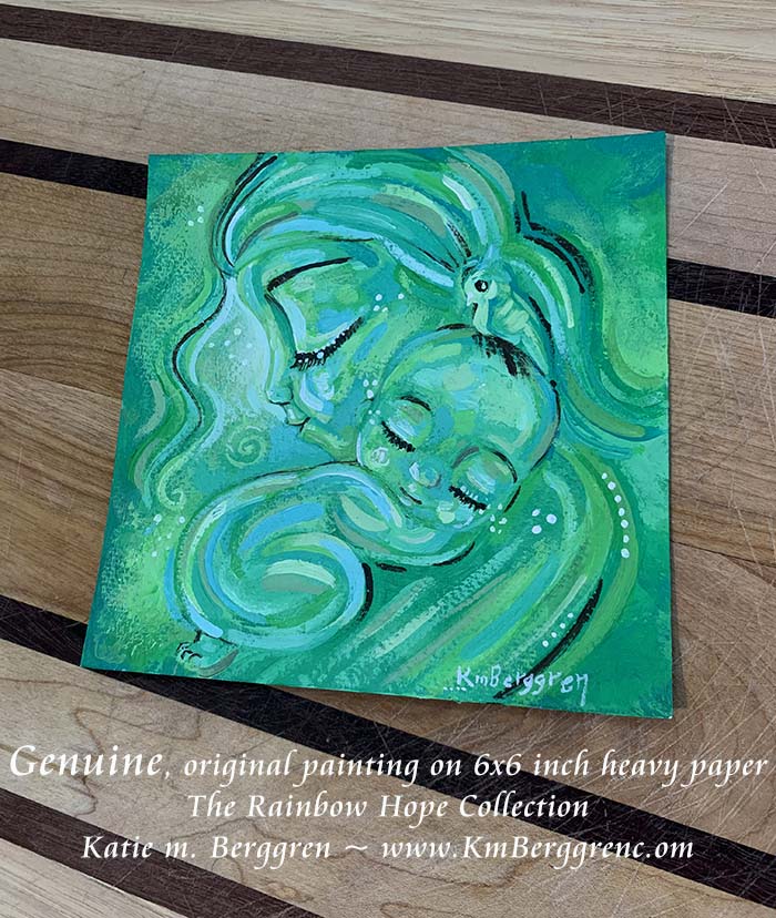 green wall decor motherhood, green painting of mom and baby, paintings for lactation room in green, green interior design paintings, interior wall decor for families and mothers, kmberggren, km berggren