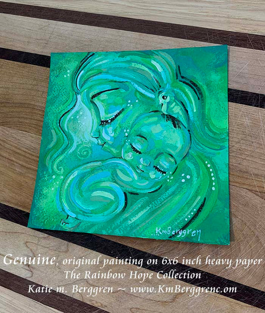 green wall decor motherhood, green painting of mom and baby, paintings for lactation room in green, green interior design paintings, interior wall decor for families and mothers, kmberggren, km berggren