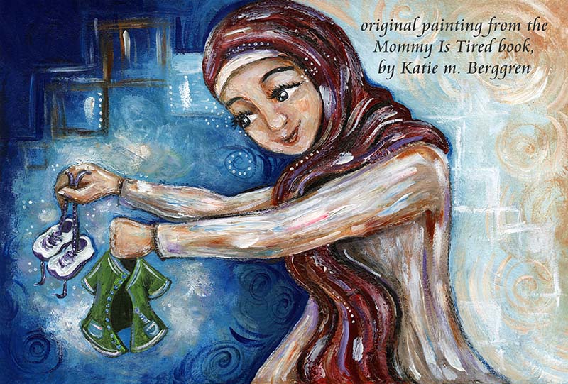 mom in hijab, middle eastern mother, woman wearing head scarf painting, mommy is tired painting, art from a storybook, published artwork, lisa morris author, lisa aloi morris mommy is tired, illustrated book art, illustrations and book, free book with purchase, kmberggren, km berggren book illustrations