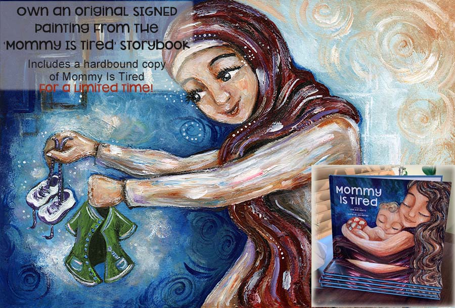 mom in hijab, middle eastern mother, woman wearing head scarf painting, mommy is tired painting, art from a storybook, published artwork, lisa morris author, lisa aloi morris mommy is tired, illustrated book art, illustrations and book, free book with purchase, kmberggren, km berggren book illustrations