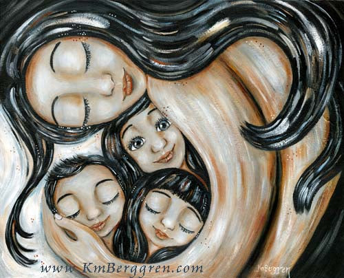 intimate painting of woman with long black hair cradling three children with black hair, sisters and brother, stunning black and white sepia toned artwork by kmberggren