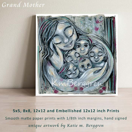 woman with 5 children black and white artwork, mom cradling 5 kids in her arms, family of 5 children, choose an embellished print to add hair and eye colors to the children