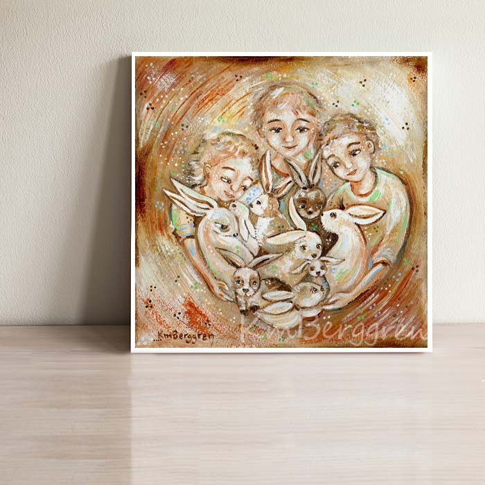 art print of three light haired children playing with a fluffle of rabbits in an orange and yellow background