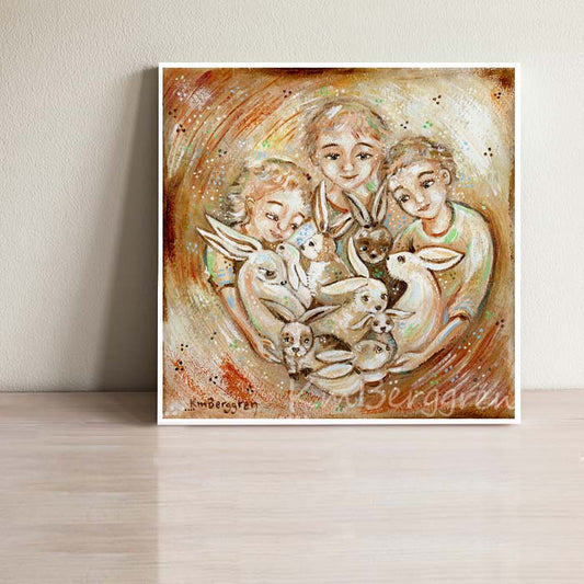 art print of three light haired children playing with a fluffle of rabbits in an orange and yellow background