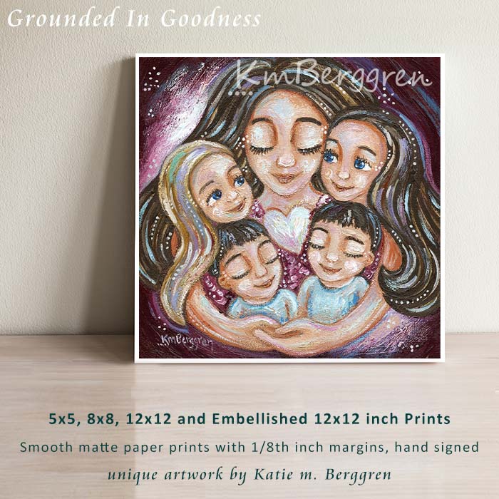 brunette mother with four children artwork, mom with two boys and two girls painting, mother of 4 kids picture, family painting, artwork gifts for moms, kmberggren, paintings with twins