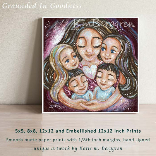 brunette mother with four children artwork, mom with two boys and two girls painting, mother of 4 kids picture, family painting, artwork gifts for moms, kmberggren, paintings with twins