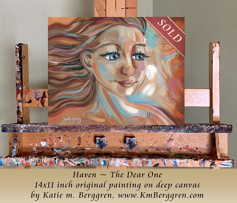 painting of a woman's face with blue eyes and brown and red hair with orange and red and blue and white background, fierce and fiery original painting by kmberggren