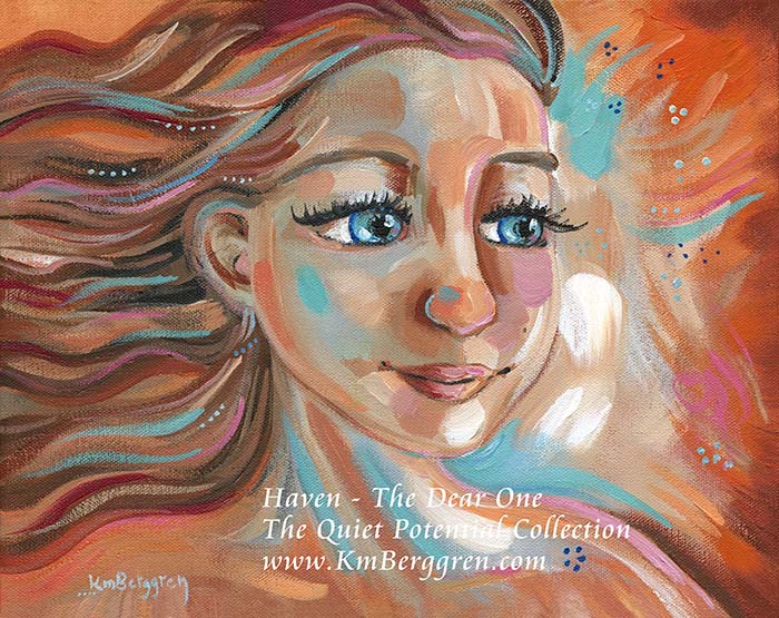 Artistic portrait of a woman with flowing hair and colorful background, featuring text about 'Haven - The Dear One' by KmBerggren.