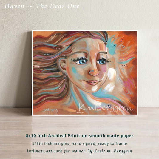 painting of a woman's face with blue eyes and brown and red hair with orange and red and blue and white background, fierce and fiery art by kmberggren