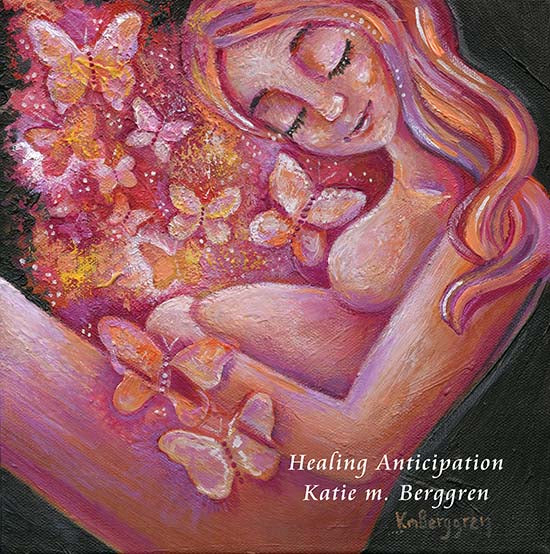 expectant mother painting with butterflies, pregnancy with butterflies, pregnant woman and butterfly art, butterflies painting, warm art, mother and child artwork, original painting of woman on canvas, warm orange pink magenta painting