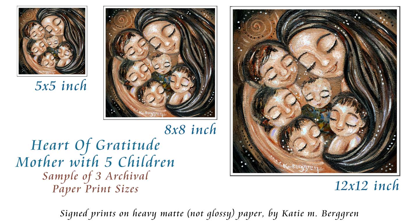 black haired mother with 5 children, 5 kids art print, dark hair family of 5 children