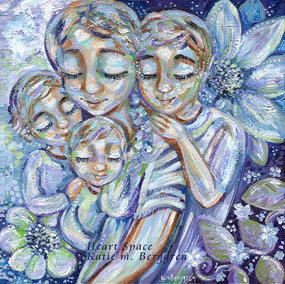 blonde short hair mom with three kids, two sons, three sons, one daughter, big brother artwork, purple and blue flowers wall decor, mothers day gifts, gifts for mom of three 3 kids