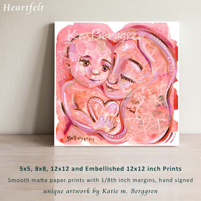 pink artwork of mother and child, mom and baby pink painting, pink art print of motherhood, new baby pink art, pink wall decor, mom and baby and heart artwork, textured painting, heartfelt art, mommy baby art